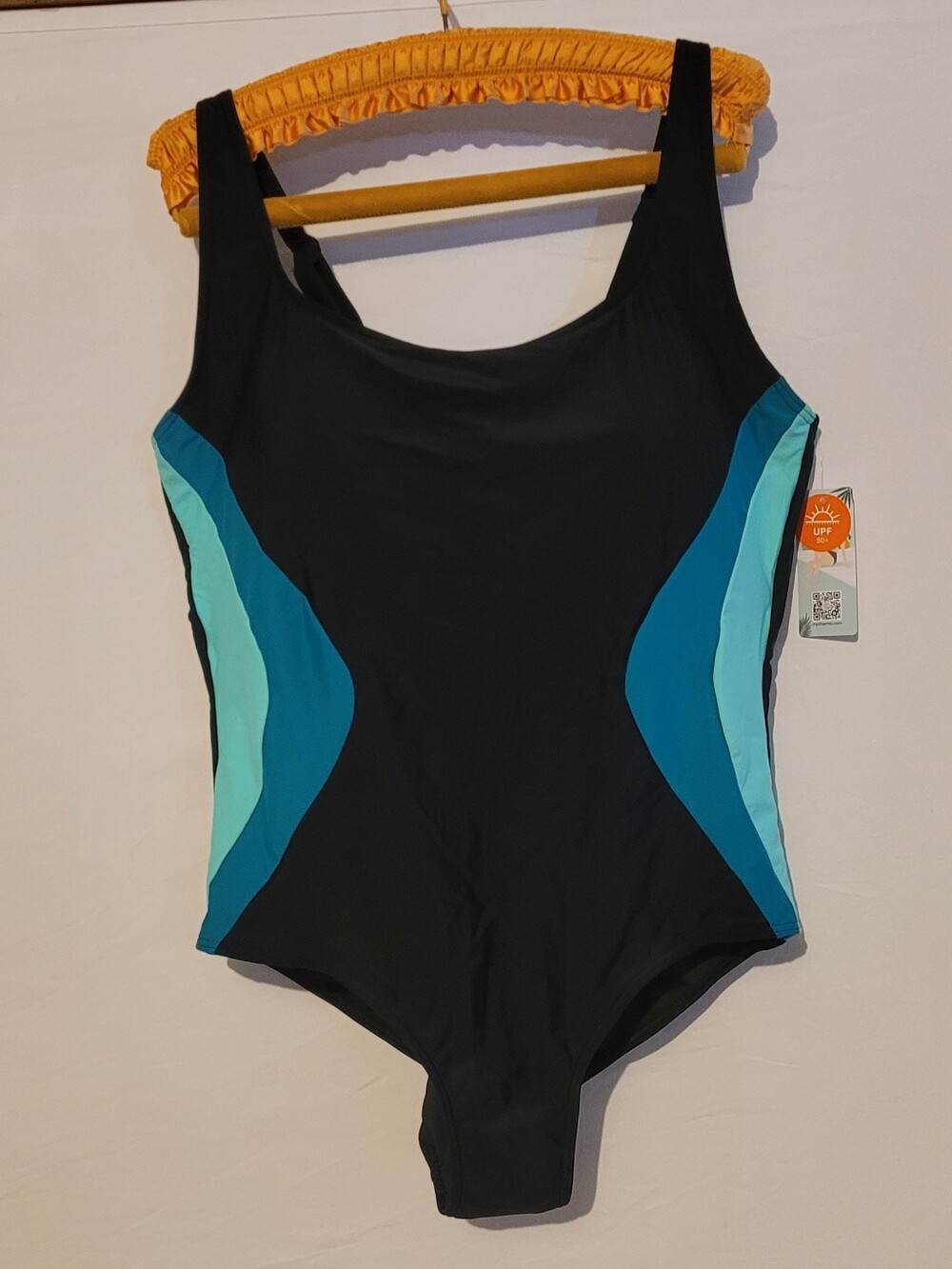Black One-Piece Swim Suit with Retro Teal, Aqua Side Panels, 20W, UPF Protect